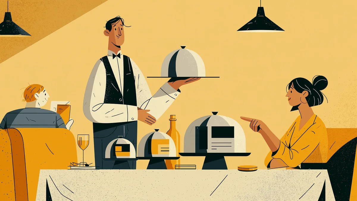 Au restaurant, un serveur présente trois sites sous cloche, petit, moyen et grand ; la cliente choisit du doigt